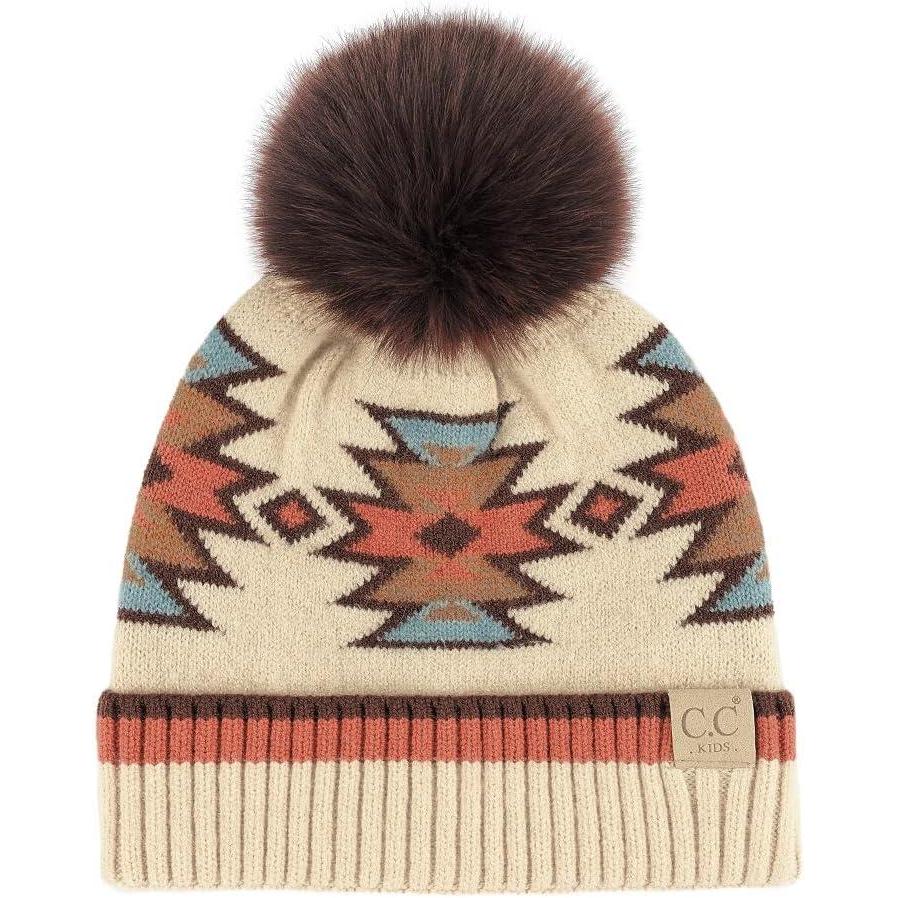 imageCC Kids Southwest Pattern Fur Pom Beanie for Boys Girls  Comfortable Soft Warm Children Youth Knit Skully Hat with Faux PomBeige