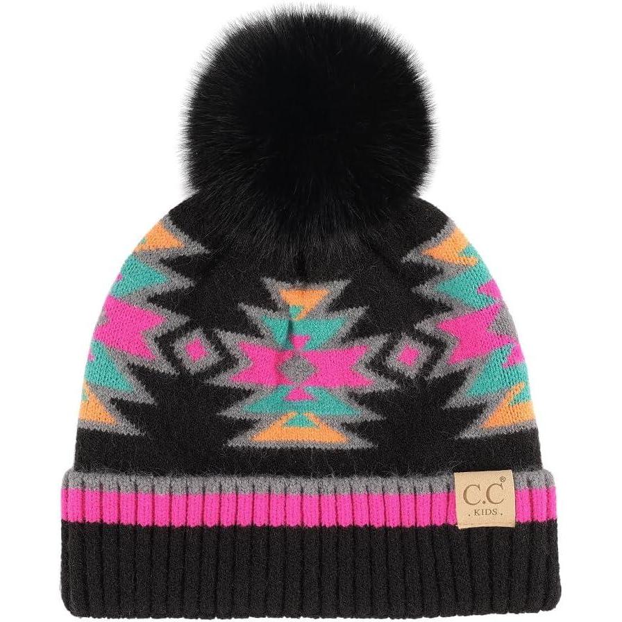 imageCC Kids Southwest Pattern Fur Pom Beanie for Boys Girls  Comfortable Soft Warm Children Youth Knit Skully Hat with Faux PomBlack Multi