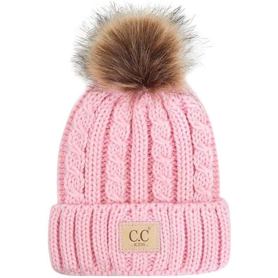imageCC Kids Suede Patch Snuggly Soft Warm Knit Pom Cuff BeanieCable Knit Faux Fur  Pale Pink
