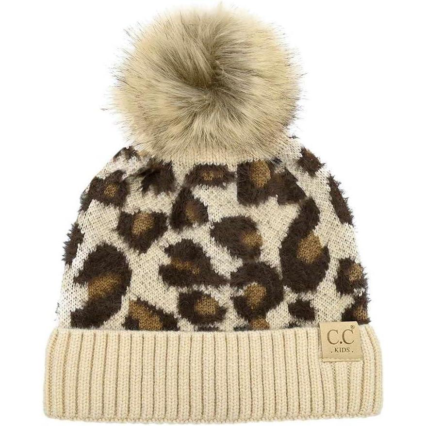 imageCC Kids Suede Patch Snuggly Soft Warm Knit Pom Cuff BeanieLeopard Print  Beige