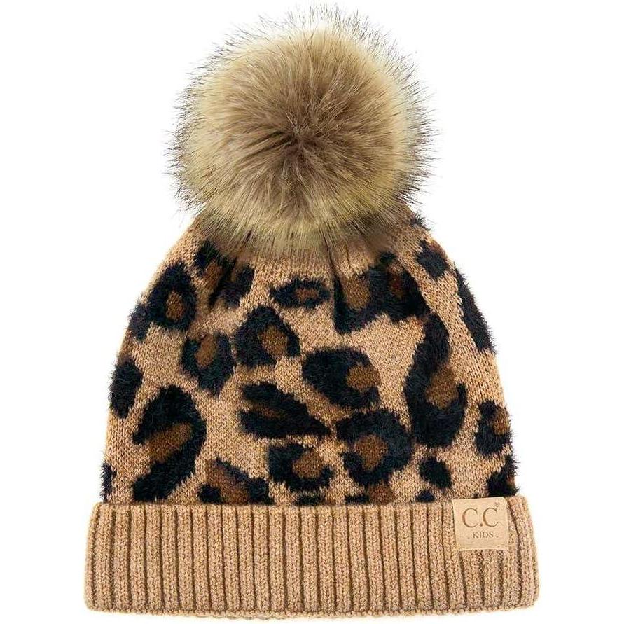 imageCC Kids Suede Patch Snuggly Soft Warm Knit Pom Cuff BeanieLeopard Print  Latte