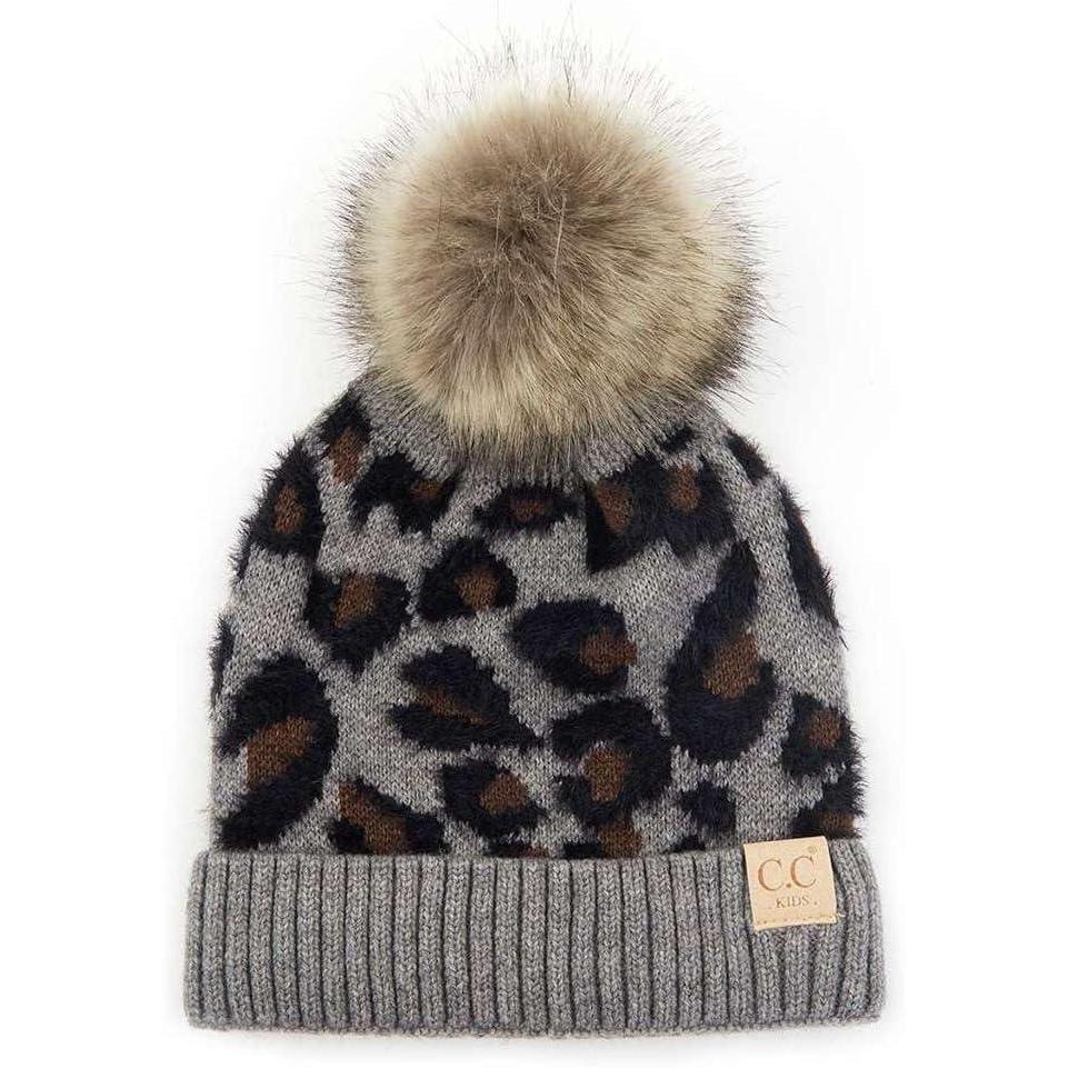 imageCC Kids Suede Patch Snuggly Soft Warm Knit Pom Cuff BeanieLeopard Print  Light Melange Gray