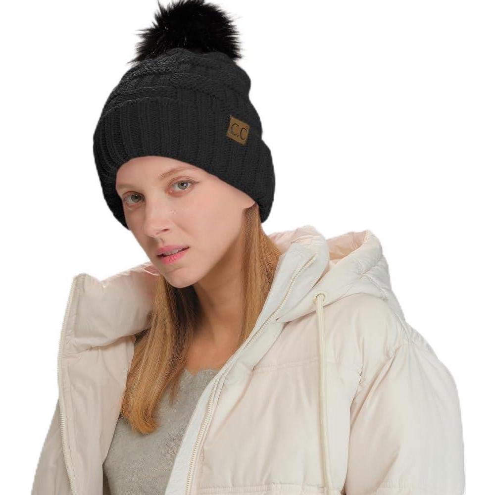 imageCC Knit Beanie Hat  Fuzzy Fleece Lined Warm Winter Hat for Women Soft Stretchy Slouchy Knit Cap Cold Weather BeanieBlack  Black Pom
