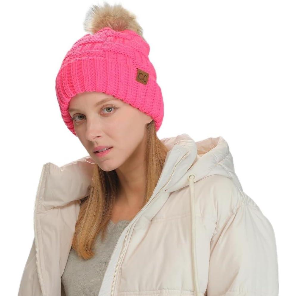 imageCC Knit Beanie Hat  Fuzzy Fleece Lined Warm Winter Hat for Women Soft Stretchy Slouchy Knit Cap Cold Weather BeanieCandy Pink