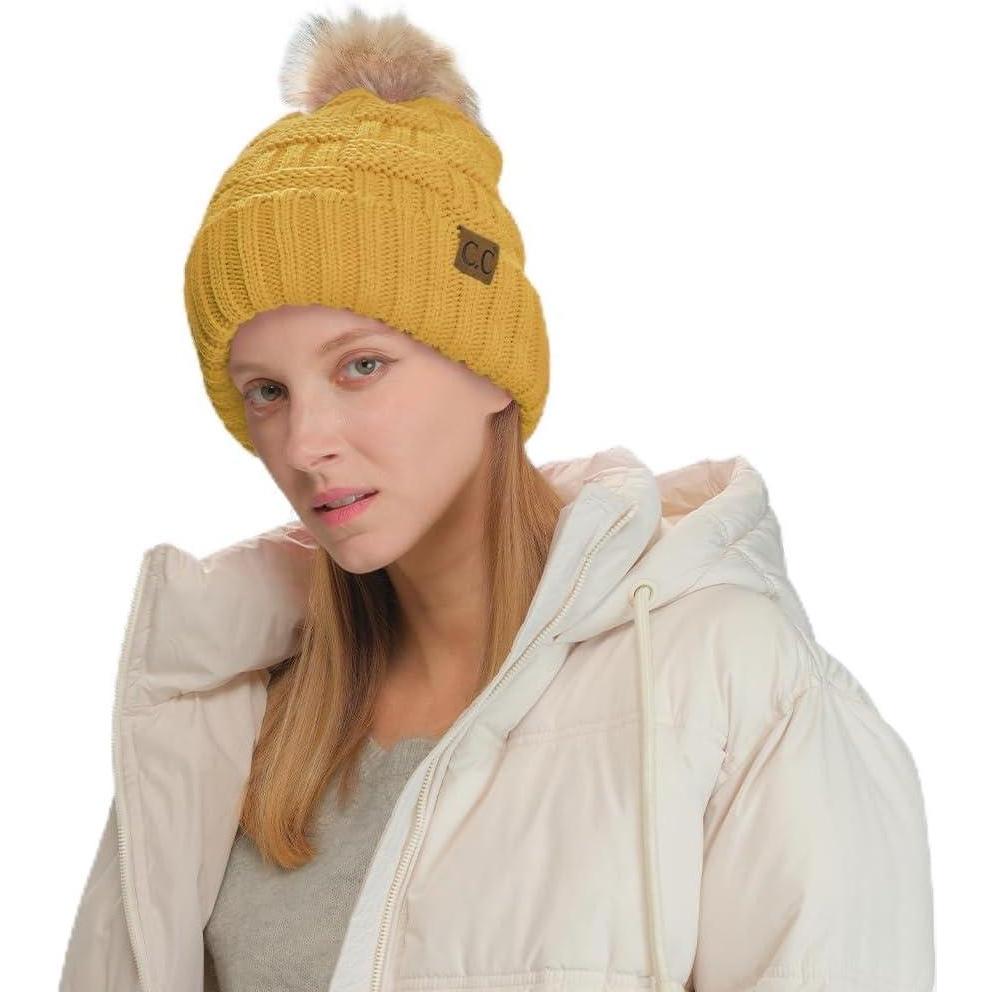 imageCC Knit Beanie Hat  Fuzzy Fleece Lined Warm Winter Hat for Women Soft Stretchy Slouchy Knit Cap Cold Weather BeanieHoney Mustard
