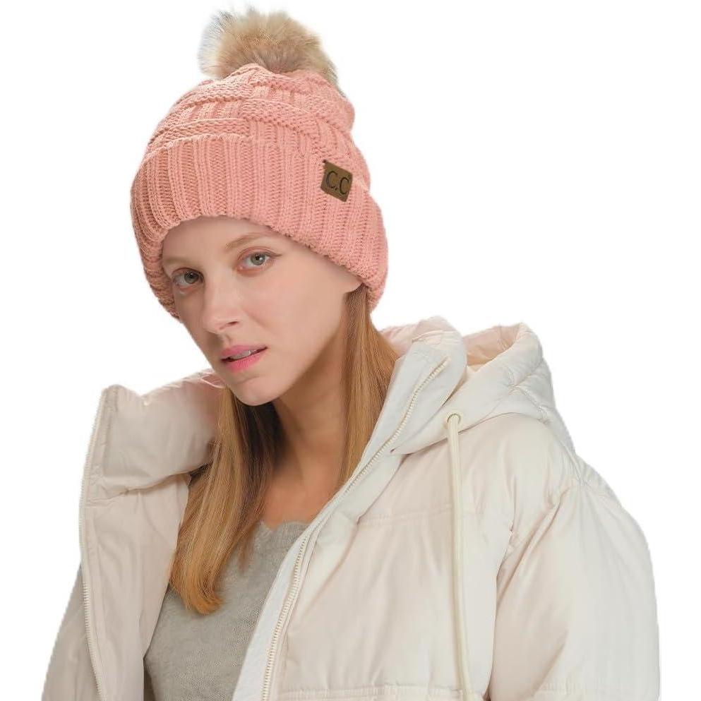 imageCC Knit Beanie Hat  Fuzzy Fleece Lined Warm Winter Hat for Women Soft Stretchy Slouchy Knit Cap Cold Weather BeanieIndi Pink