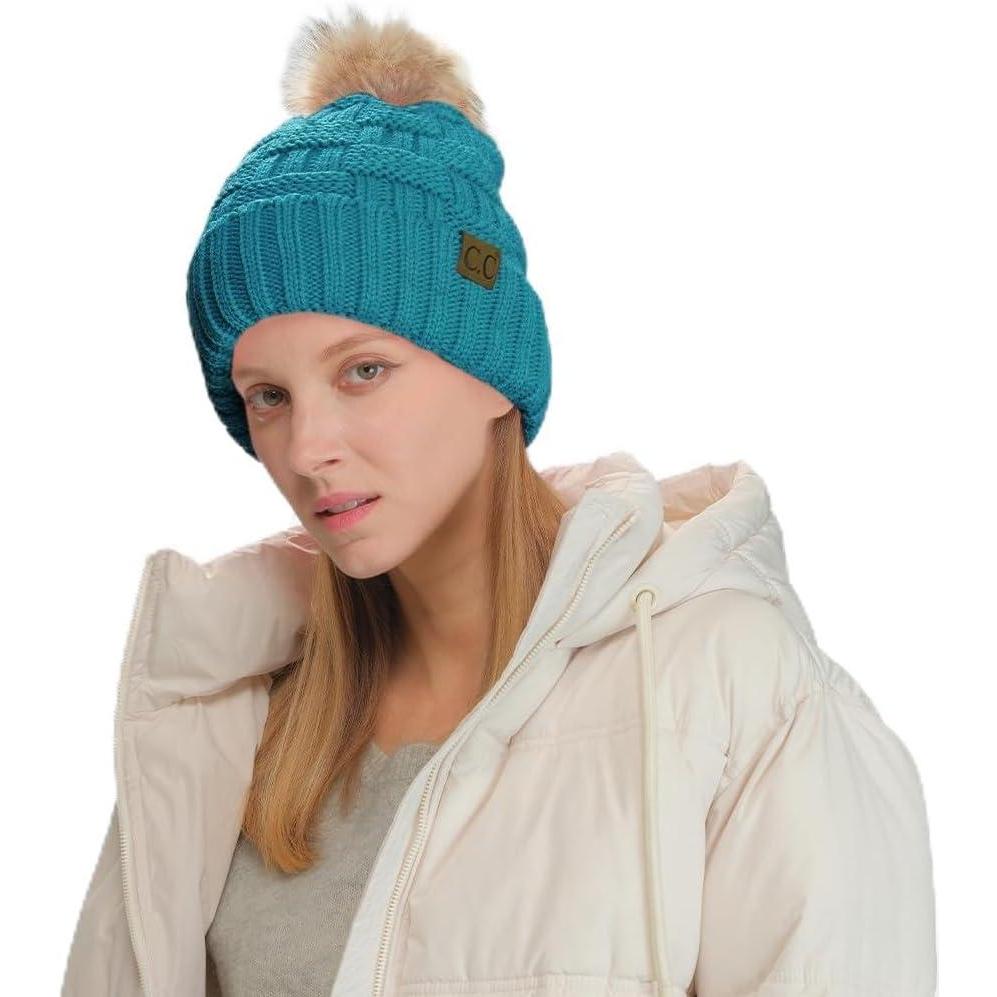imageCC Knit Beanie Hat  Fuzzy Fleece Lined Warm Winter Hat for Women Soft Stretchy Slouchy Knit Cap Cold Weather BeanieTeal Blue