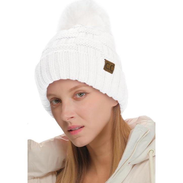 imageCC Knit Beanie Hat  Fuzzy Fleece Lined Warm Winter Hat for Women Soft Stretchy Slouchy Knit Cap Cold Weather BeanieWhite  White Pom