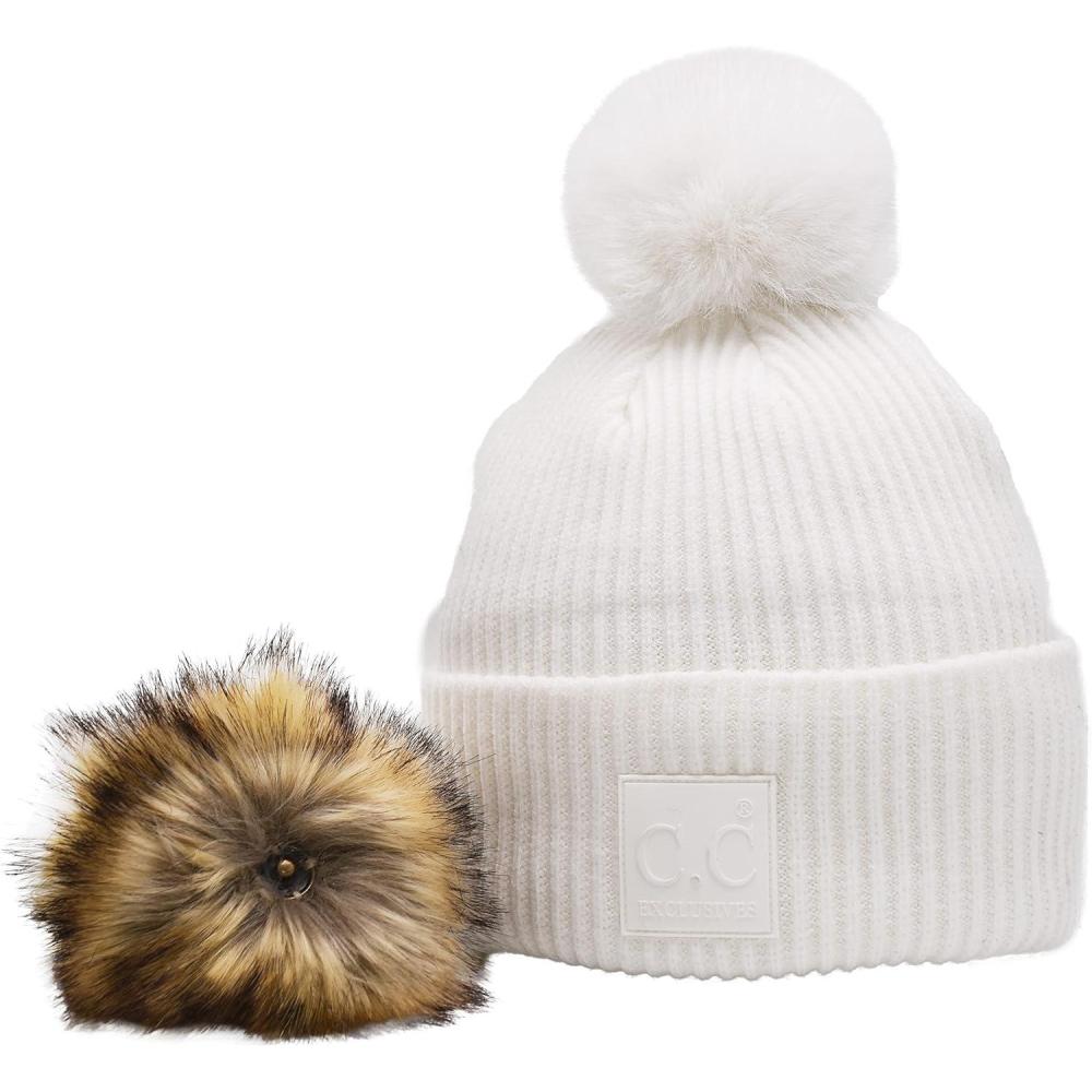 imageCC Knit Beanie with 2 Detachable Matching and Natural Poms  Soft Cuffed Winter Hat Warm Stretchy Skull CapIvory