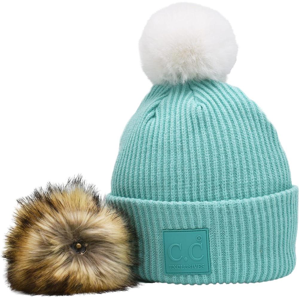 imageCC Knit Beanie with 2 Detachable Matching and Natural Poms  Soft Cuffed Winter Hat Warm Stretchy Skull CapMint