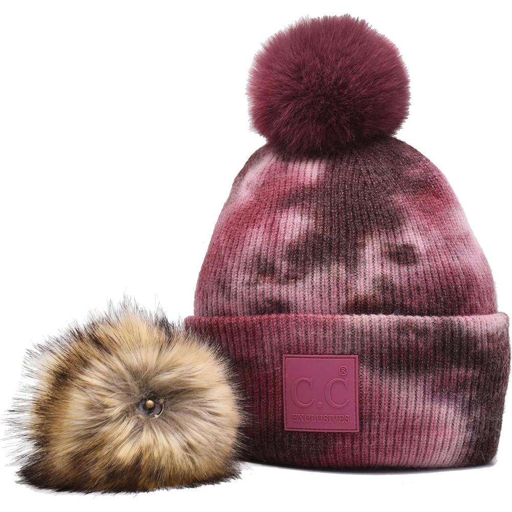 imageCC Knit Beanie with 2 Detachable Matching and Natural Poms  Soft Cuffed Winter Hat Warm Stretchy Skull CapTie Dye Brown  Wild Ginger