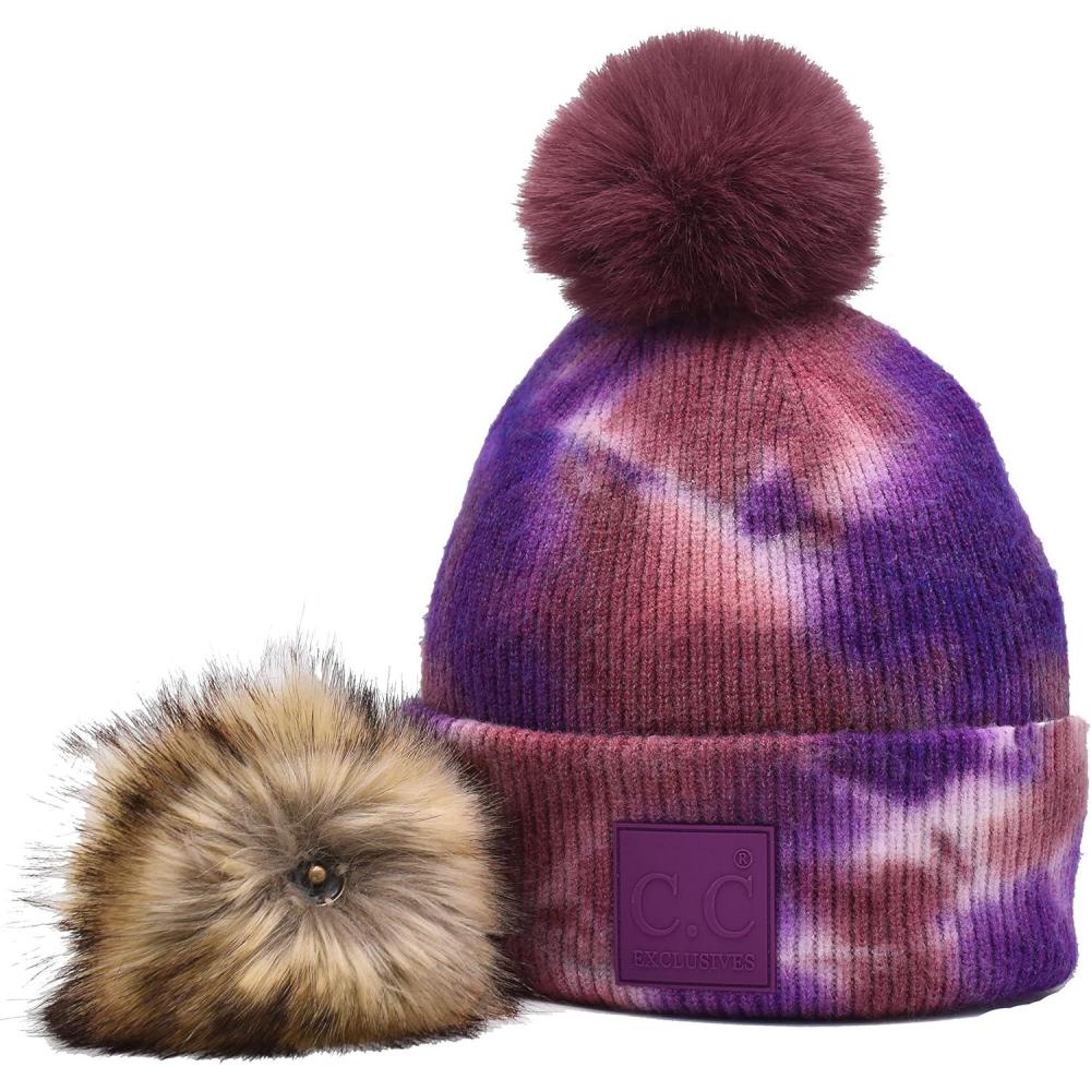 imageCC Knit Beanie with 2 Detachable Matching and Natural Poms  Soft Cuffed Winter Hat Warm Stretchy Skull CapTie Dye Iris  Wild Ginger