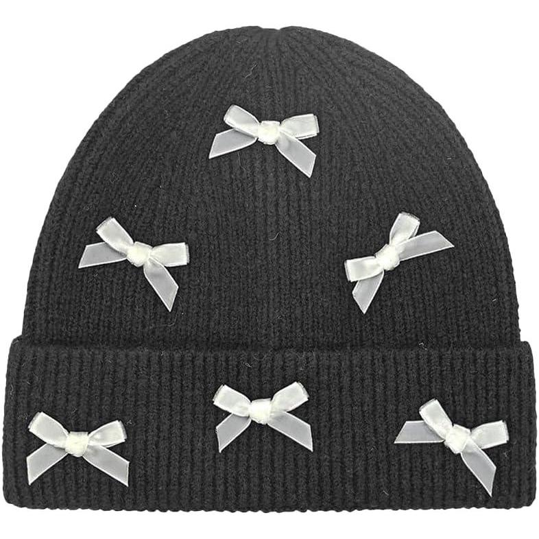 imageCC Knit Mini Velvet Bow Cuff Beanie for WomenBlackIvory
