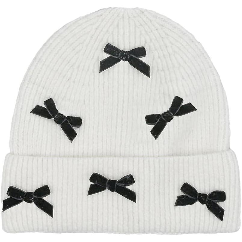 imageCC Knit Mini Velvet Bow Cuff Beanie for WomenIvoryBlack