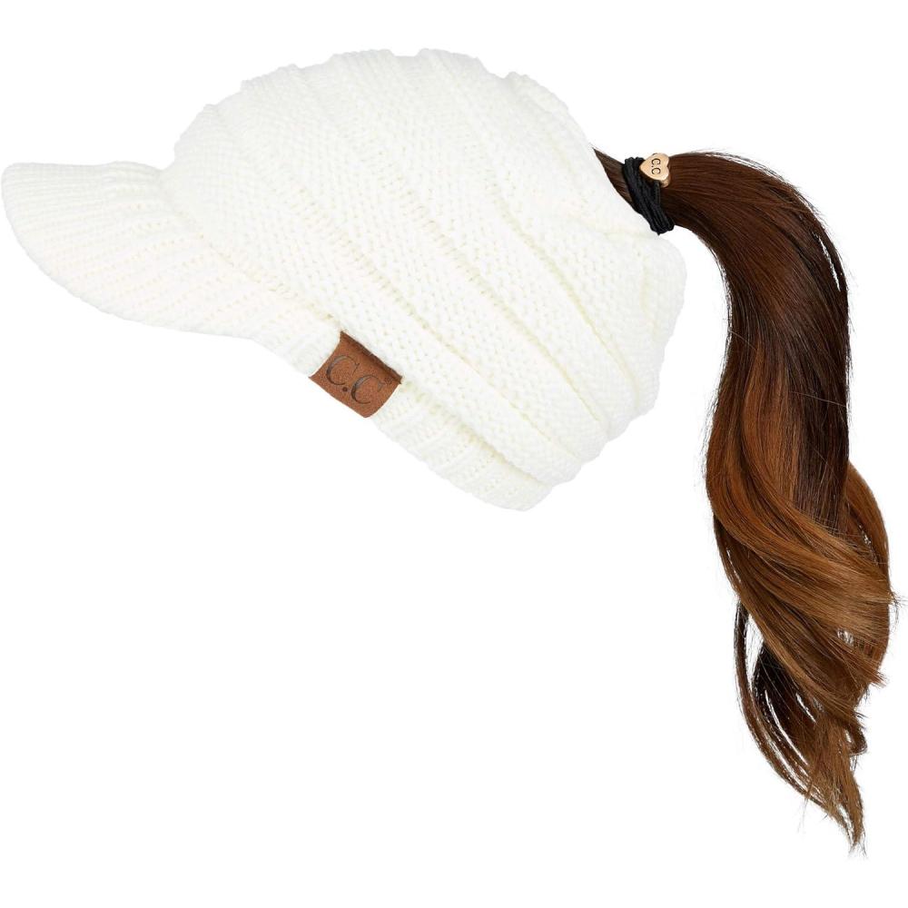 imageCC Messy Bun Ponytail Visor Brim Beanie Hat MB131 Ivory