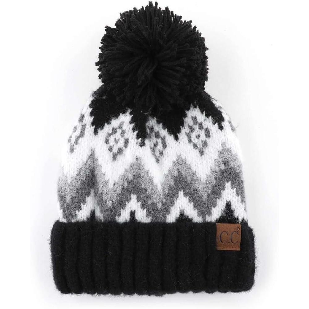 imageCC Multi Blend Pom Soft Fuzzy Lined Thick Knit Cuff Beanie HatAztec Black