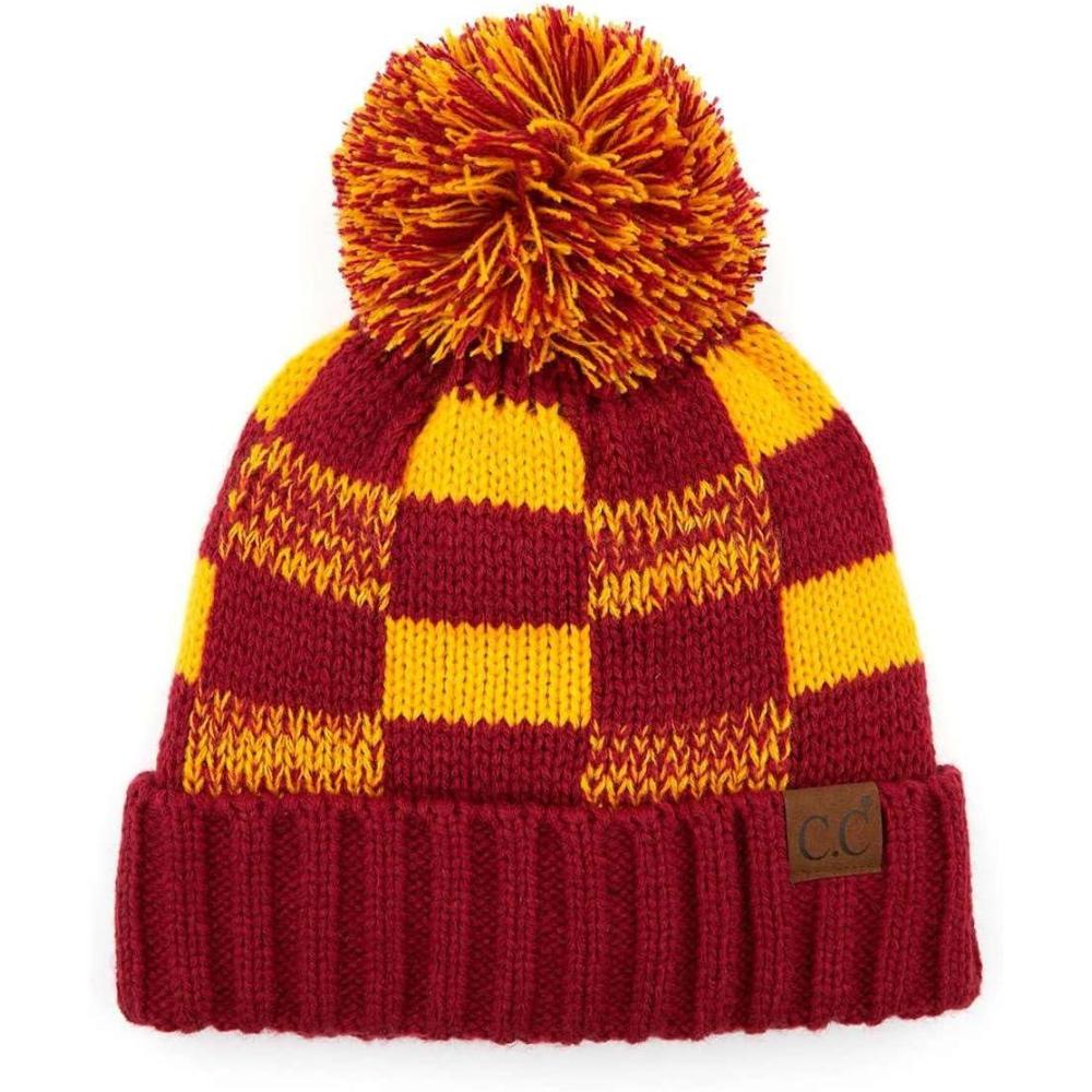 imageCC Multi Blend Pom Soft Fuzzy Lined Thick Knit Cuff Beanie HatCheckered MaroonGold