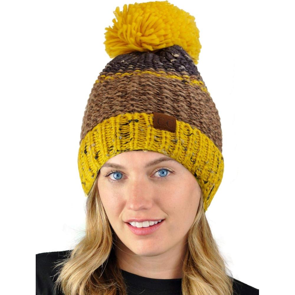 imageCC Multi Blend Pom Soft Fuzzy Lined Thick Knit Cuff Beanie HatMustardCamel