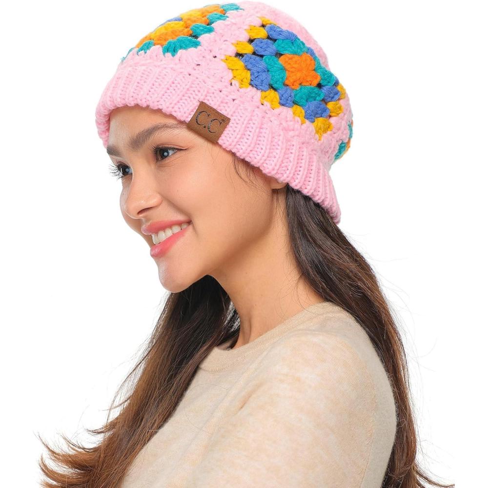 imageCC Multi Color Crochet Beanie ampamp Headwrap for Women Unisex  Stretchable Soft Warm Knit Winter Skully HatPale Pink
