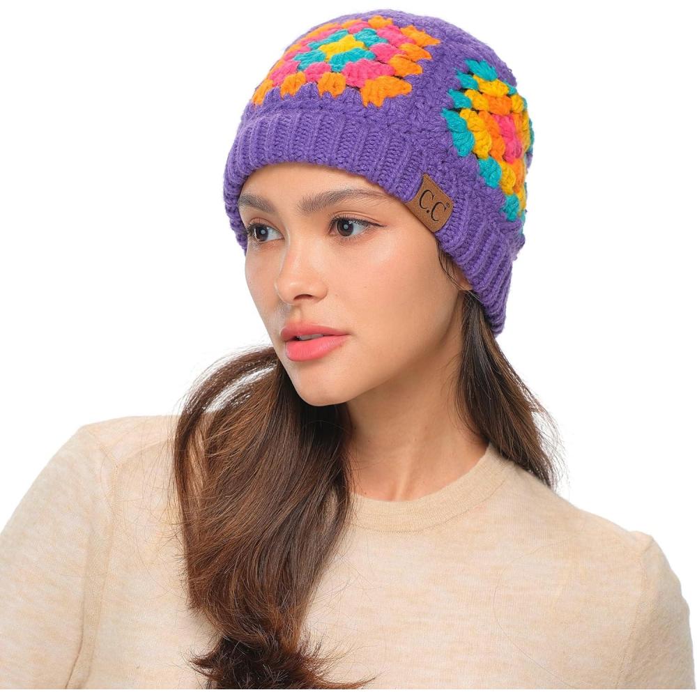 imageCC Multi Color Crochet Beanie ampamp Headwrap for Women Unisex  Stretchable Soft Warm Knit Winter Skully HatPurple