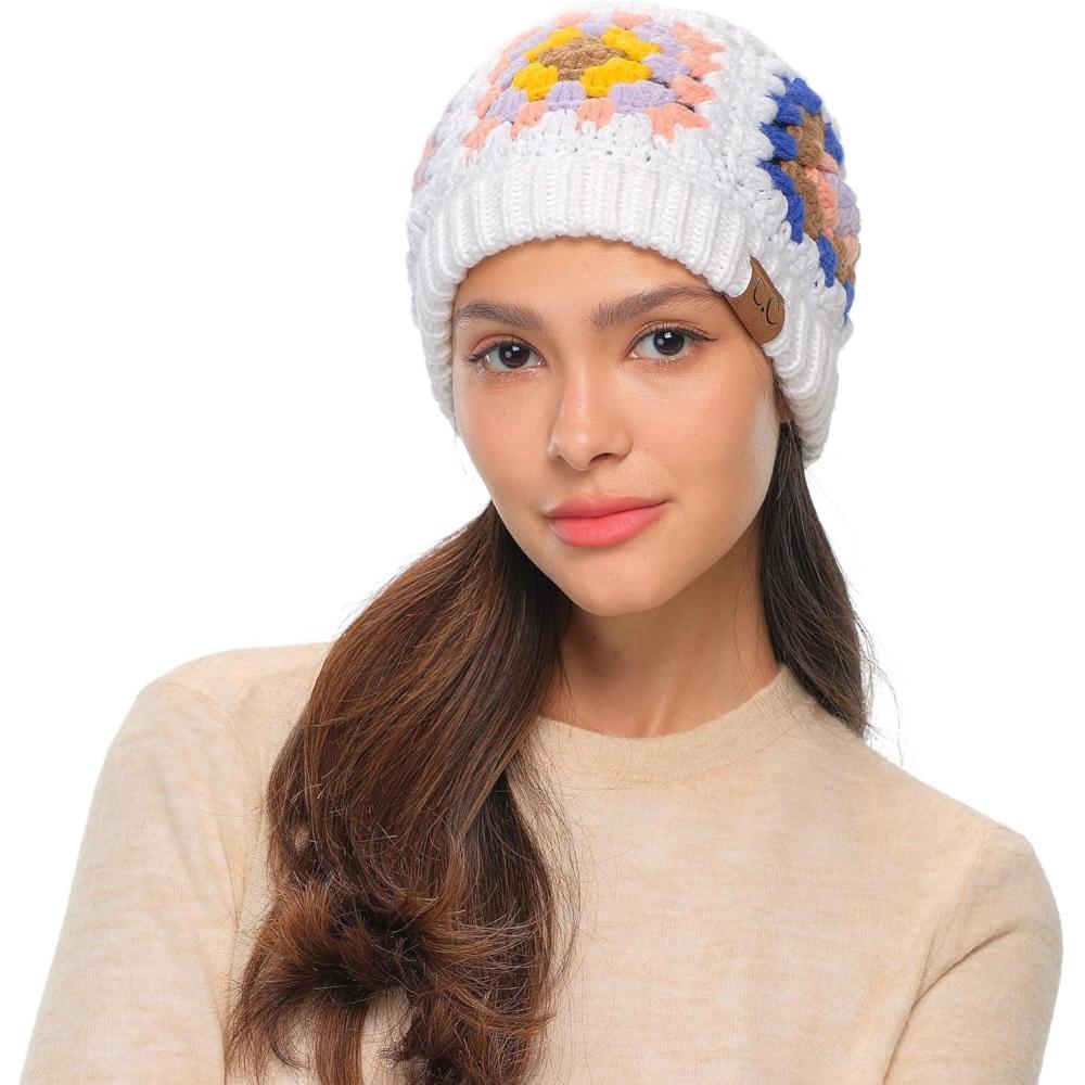 imageCC Multi Color Crochet Beanie ampamp Headwrap for Women Unisex  Stretchable Soft Warm Knit Winter Skully HatWhite