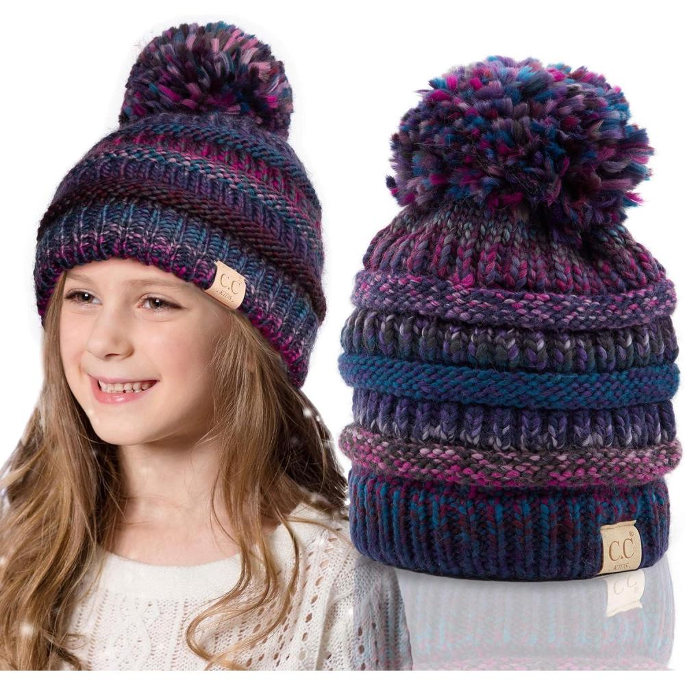 imageCC Multi Color Knit Children Beanie Skull Kids Hat with PomPurple Multi