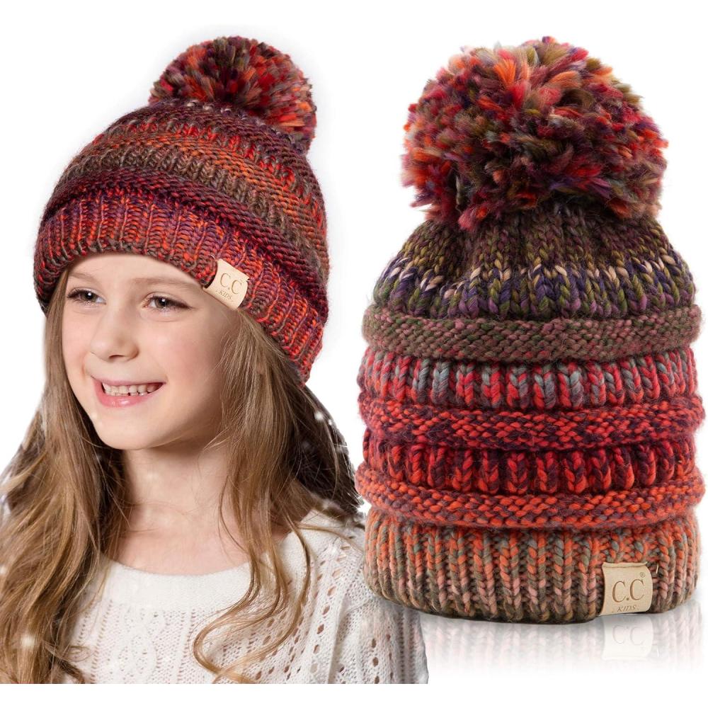 imageCC Multi Color Knit Children Beanie Skull Kids Hat with PomRust Multi