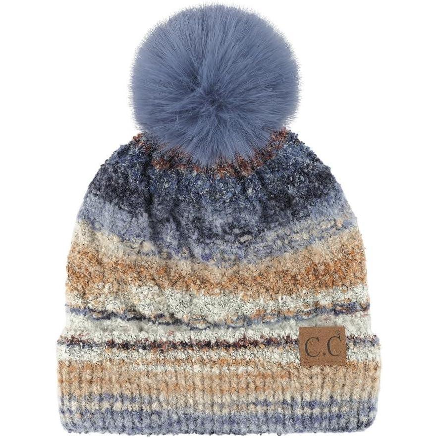 imageCC Multi Color Space Dye Wool Stretchable Soft Warm Pom Beanie with Faux Fur Pom Knit Winter Skully HatDenim Combo