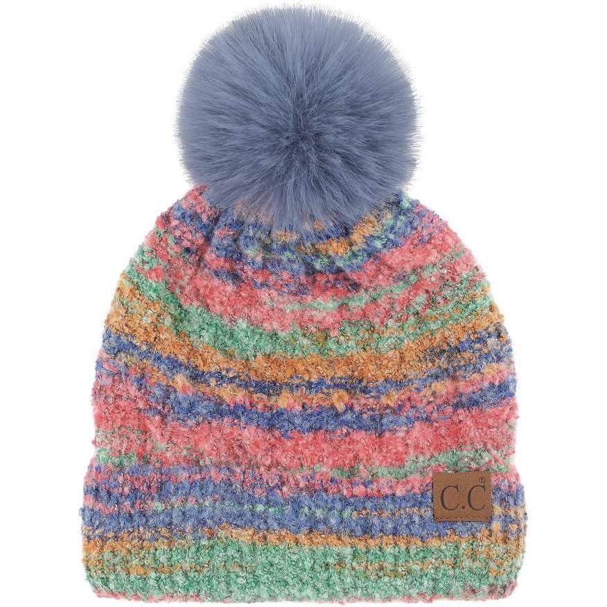 imageCC Multi Color Space Dye Wool Stretchable Soft Warm Pom Beanie with Faux Fur Pom Knit Winter Skully HatRed Combo