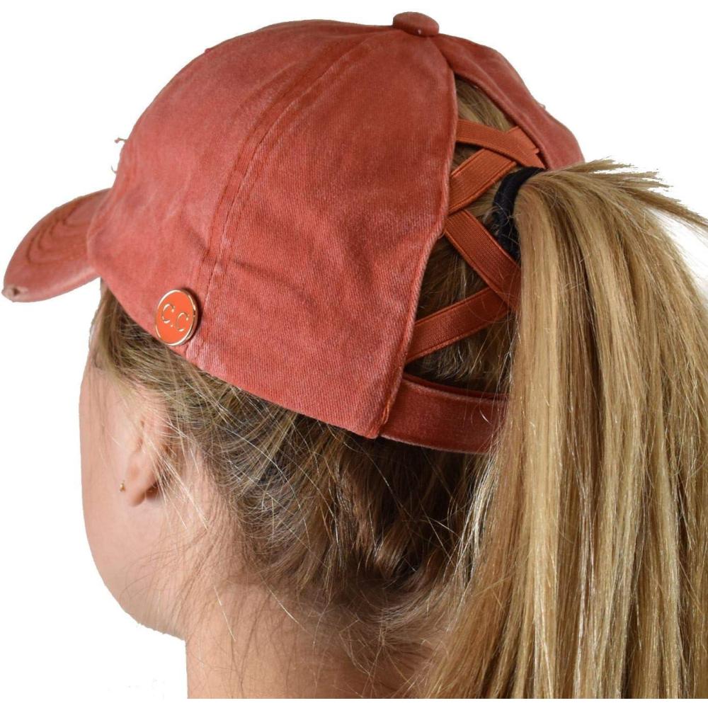 imageCC Ponycap Criss Cross Messy Bun Side Button for Mask Adjustable Baseball CapBurnt Orange