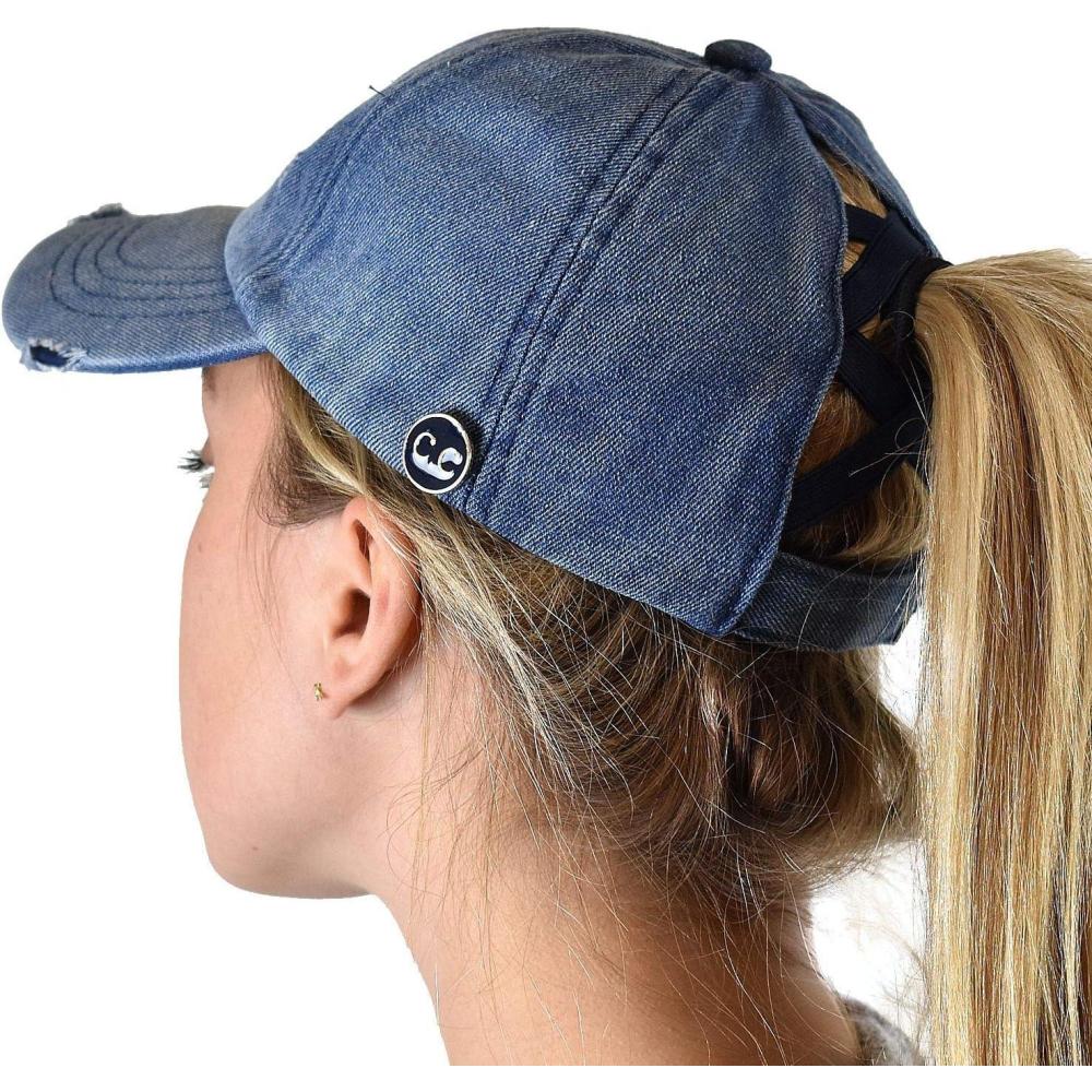 imageCC Ponycap Criss Cross Messy Bun Side Button for Mask Adjustable Baseball CapDenim