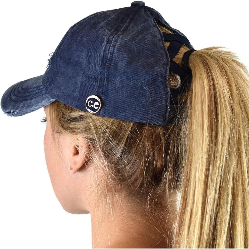 imageCC Ponycap Criss Cross Messy Bun Side Button for Mask Adjustable Baseball CapNavy