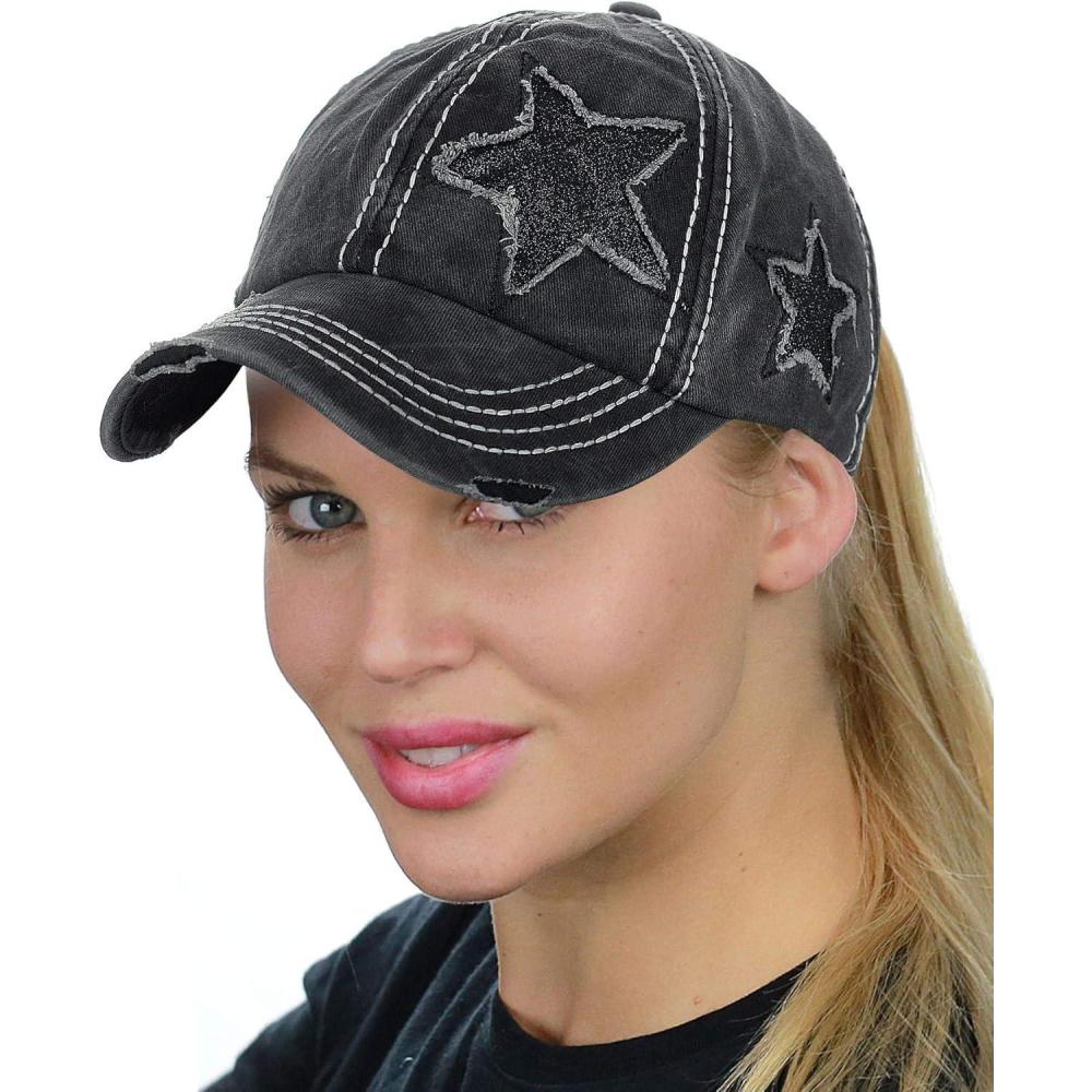 imageCC Ponycap Messy High Bun Ponytail Adjustable Glitter Star Distressed Baseball Cap HatBlack