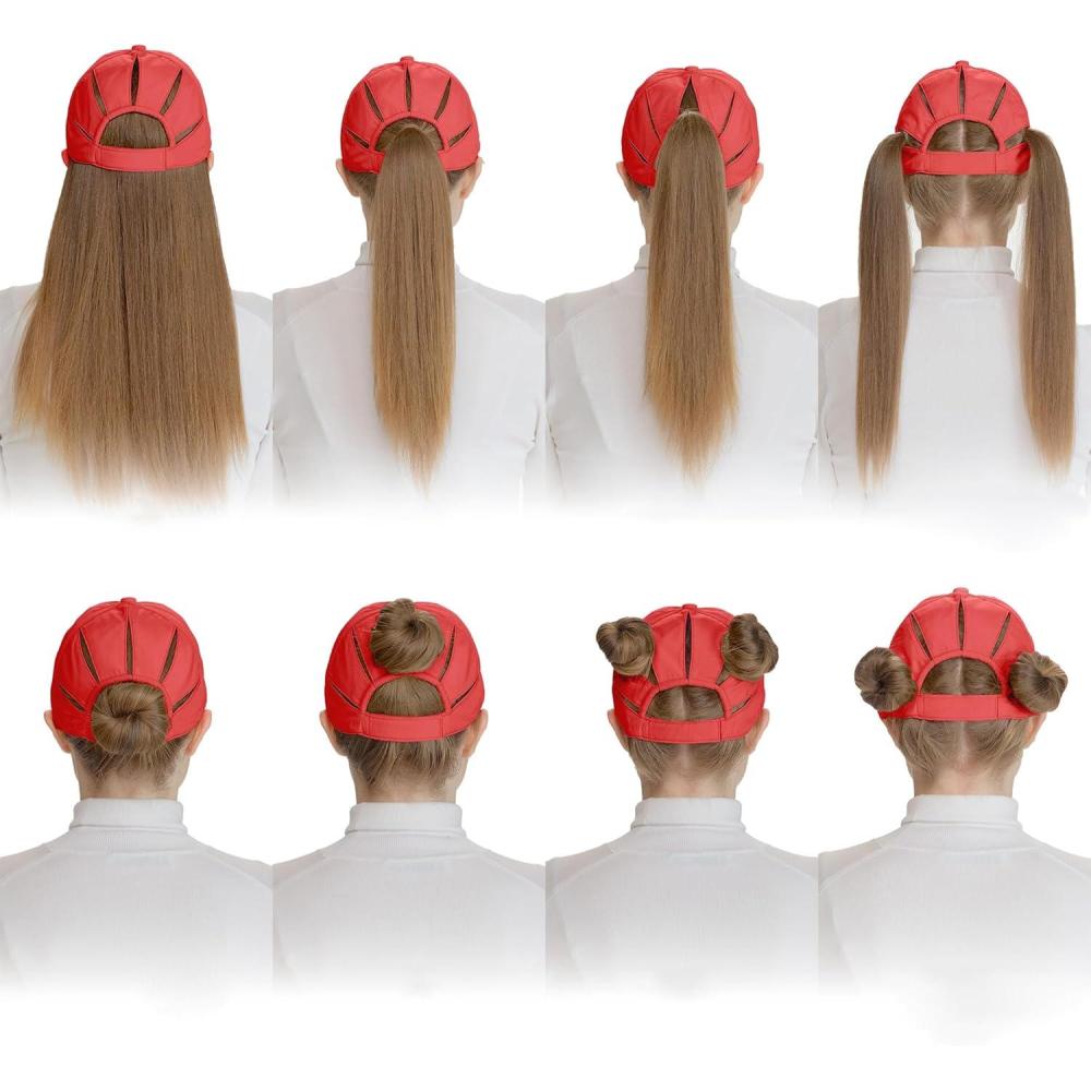 imageCC Ponycap Messy High Bun Ponytail Adjustable Trucker Baseball Cap HatRed