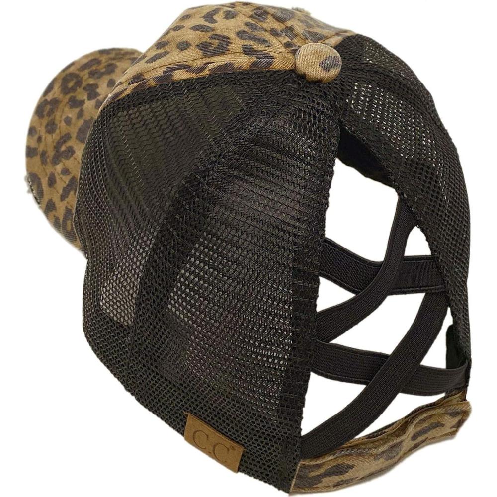 imageCC Ponytail Criss Cross Messy Buns Ponycaps Baseball Cap Dad Trucker Mesh Hat Distressed Baby LeopardBlack