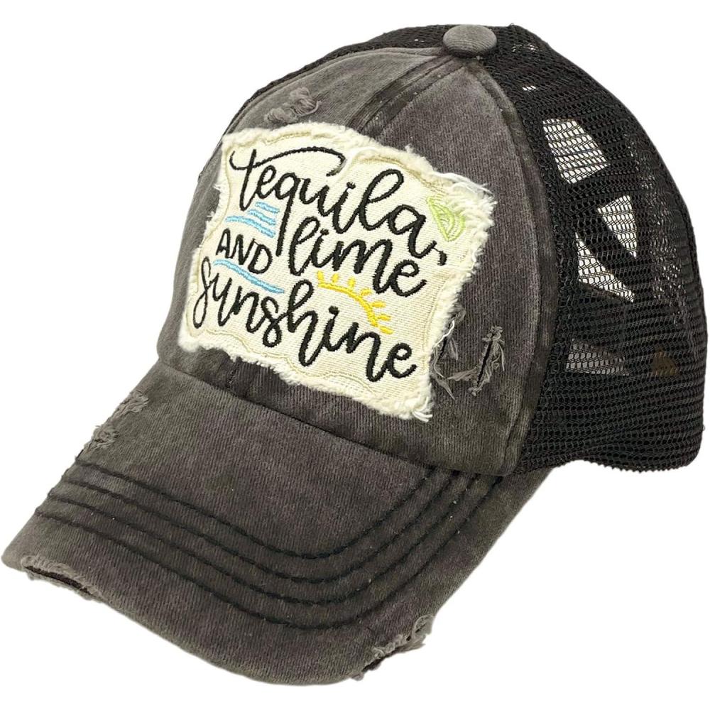 imageCC Ponytail Criss Cross Messy Buns Ponycaps Baseball Cap Dad Trucker Mesh Hat Distressed Patch Tequila Lime Sunshine Black