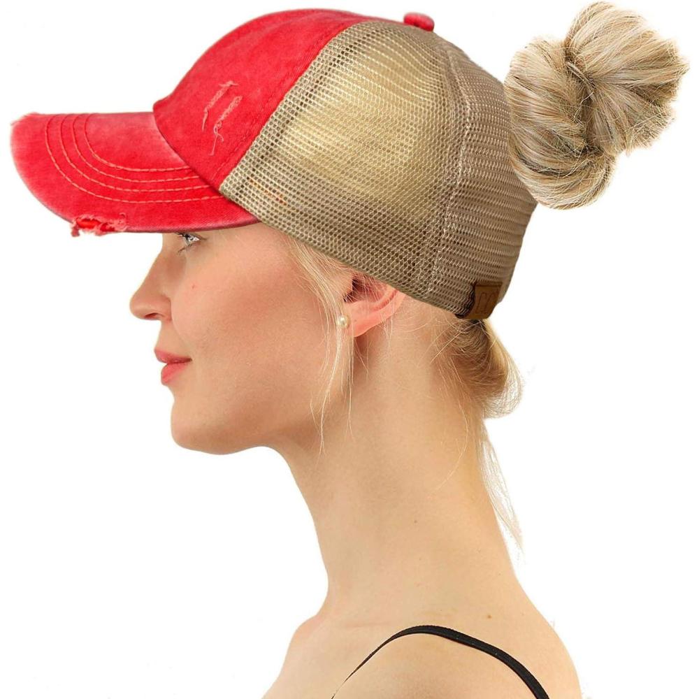 imageCC Ponytail Criss Cross Messy Buns Ponycaps Baseball Cap Dad Trucker Mesh Hat Distressed Red