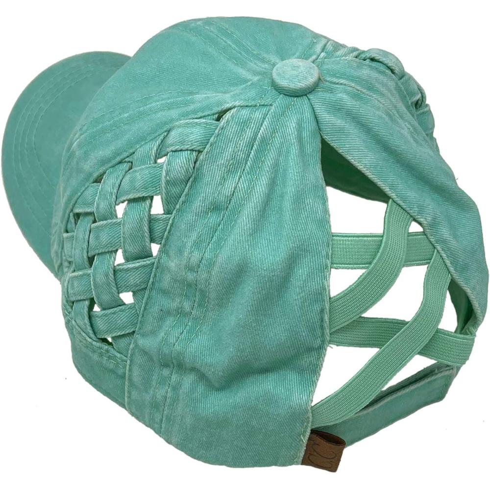 imageCC Ponytail Criss Cross Messy Buns Ponycaps Baseball Cap Dad Trucker Mesh Hat Solid Basket Weave Mint