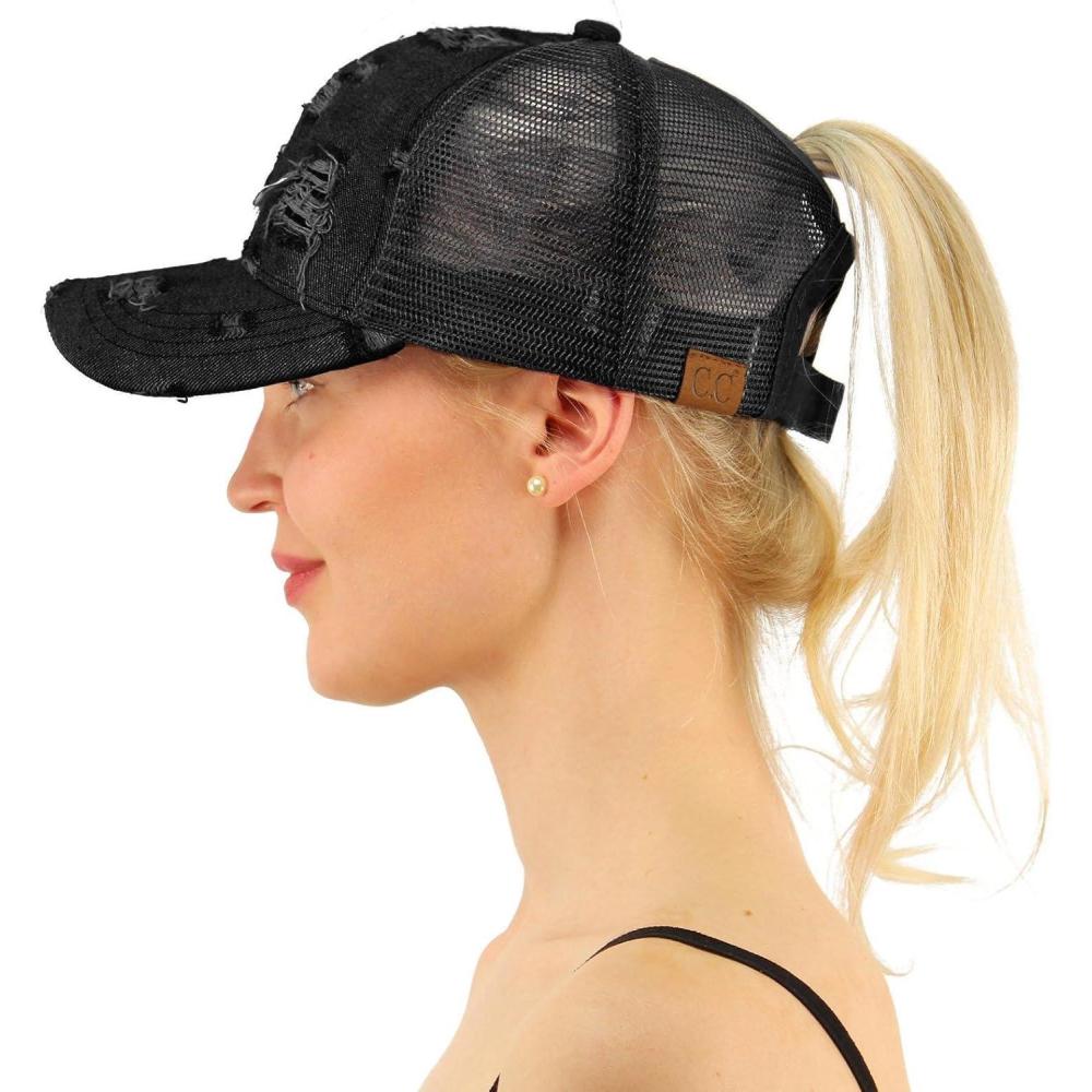 imageCC Ponytail Messy Buns Trucker Ponycaps Plain Baseball Visor Cap Dad Hat Denim Black