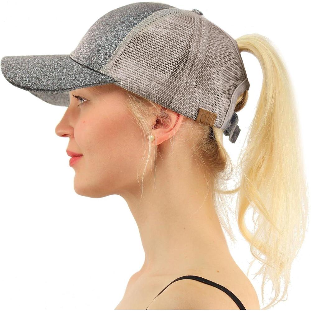 imageCC Ponytail Messy Buns Trucker Ponycaps Plain Baseball Visor Cap Dad Hat Glitter Gray