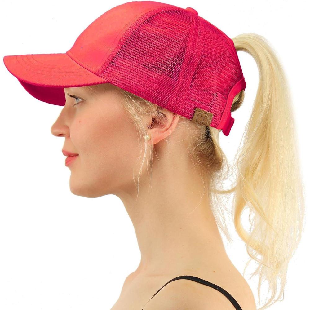 imageCC Ponytail Messy Buns Trucker Ponycaps Plain Baseball Visor Cap Dad Hat Hot Pink