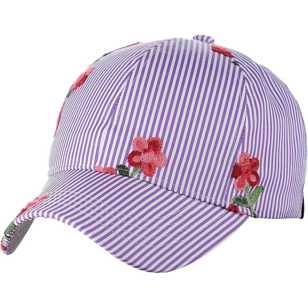 imageCC Poplin Pinstripe Print Embroidered Flower Adjustable Baseball Cap Purple