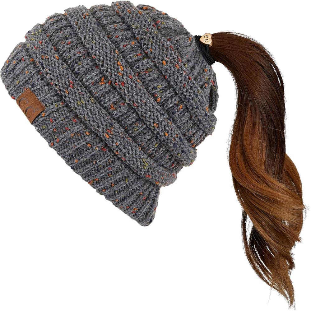 imageCC Ribbed Confetti Knit Beanie Tail Hat for Adult MB33Dk Mel Grey
