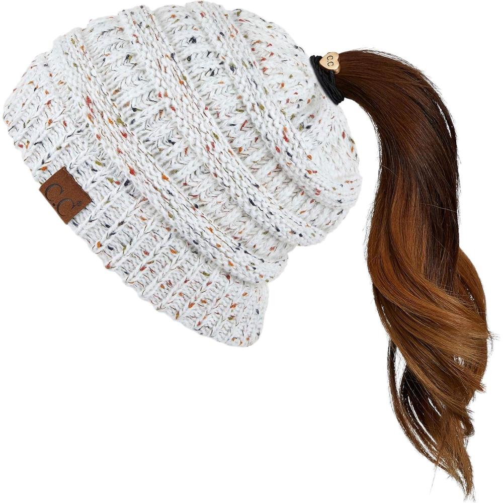imageCC Ribbed Confetti Knit Beanie Tail Hat for Adult MB33Ivory
