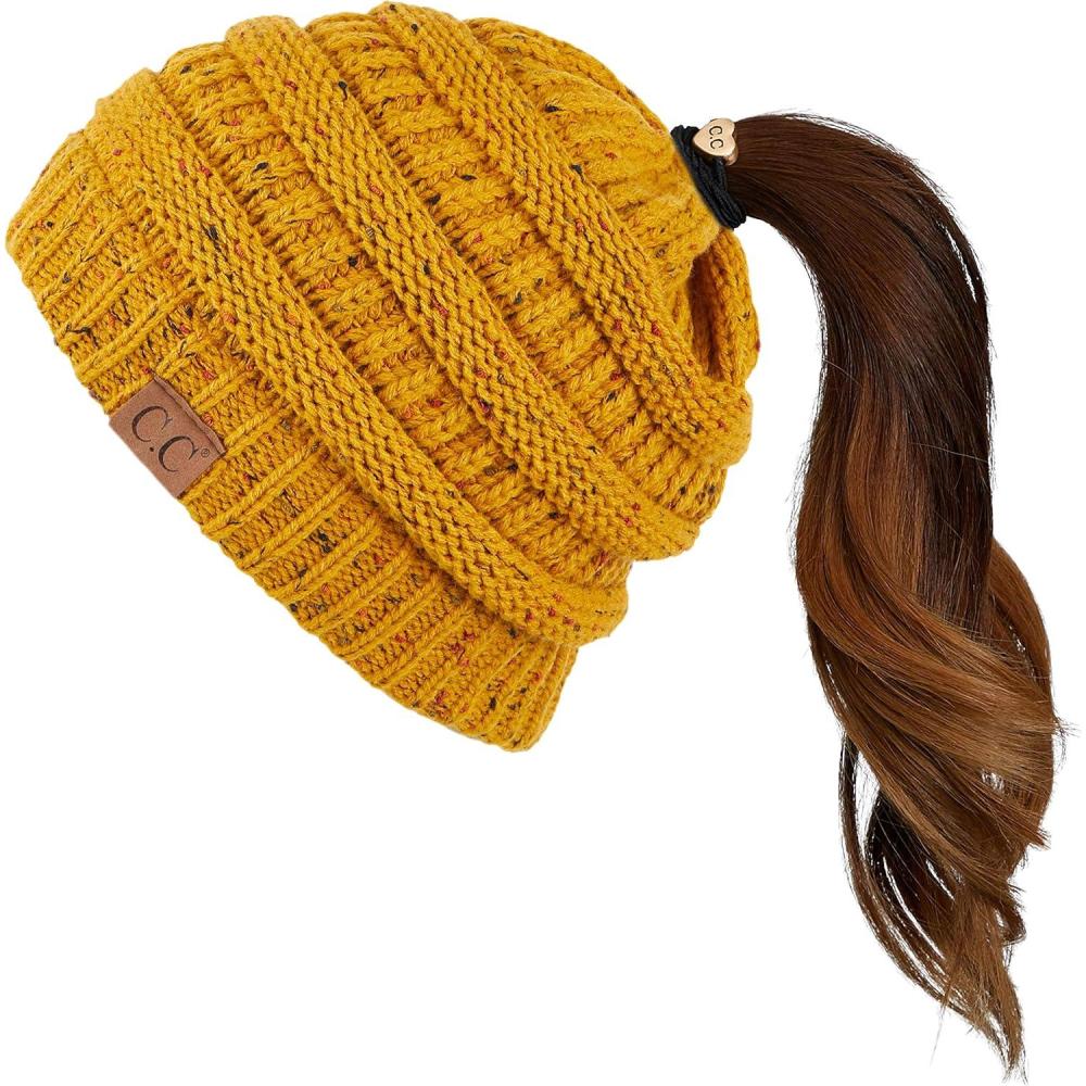 imageCC Ribbed Confetti Knit Beanie Tail Hat for Adult MB33Mustard
