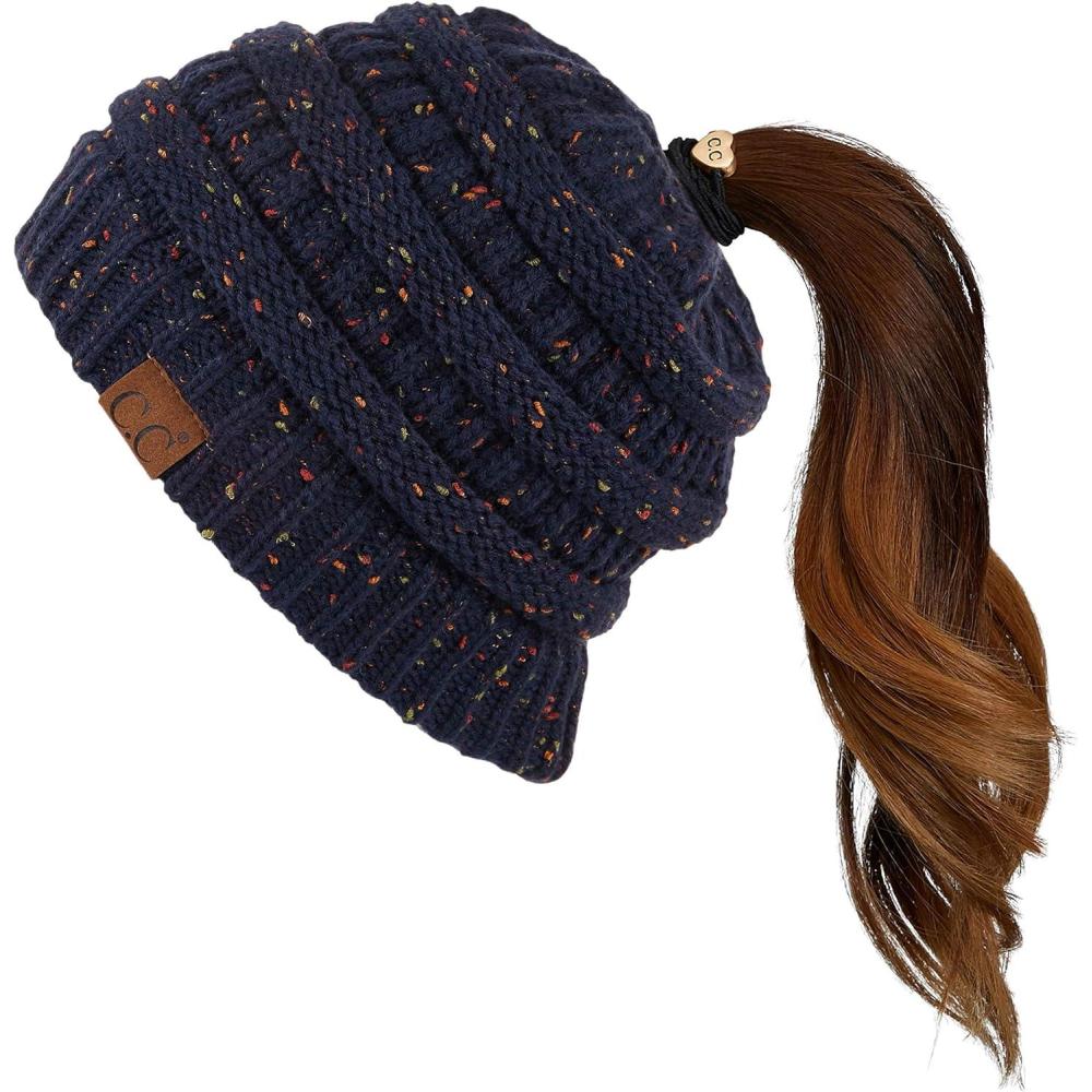 imageCC Ribbed Confetti Knit Beanie Tail Hat for Adult MB33Navy