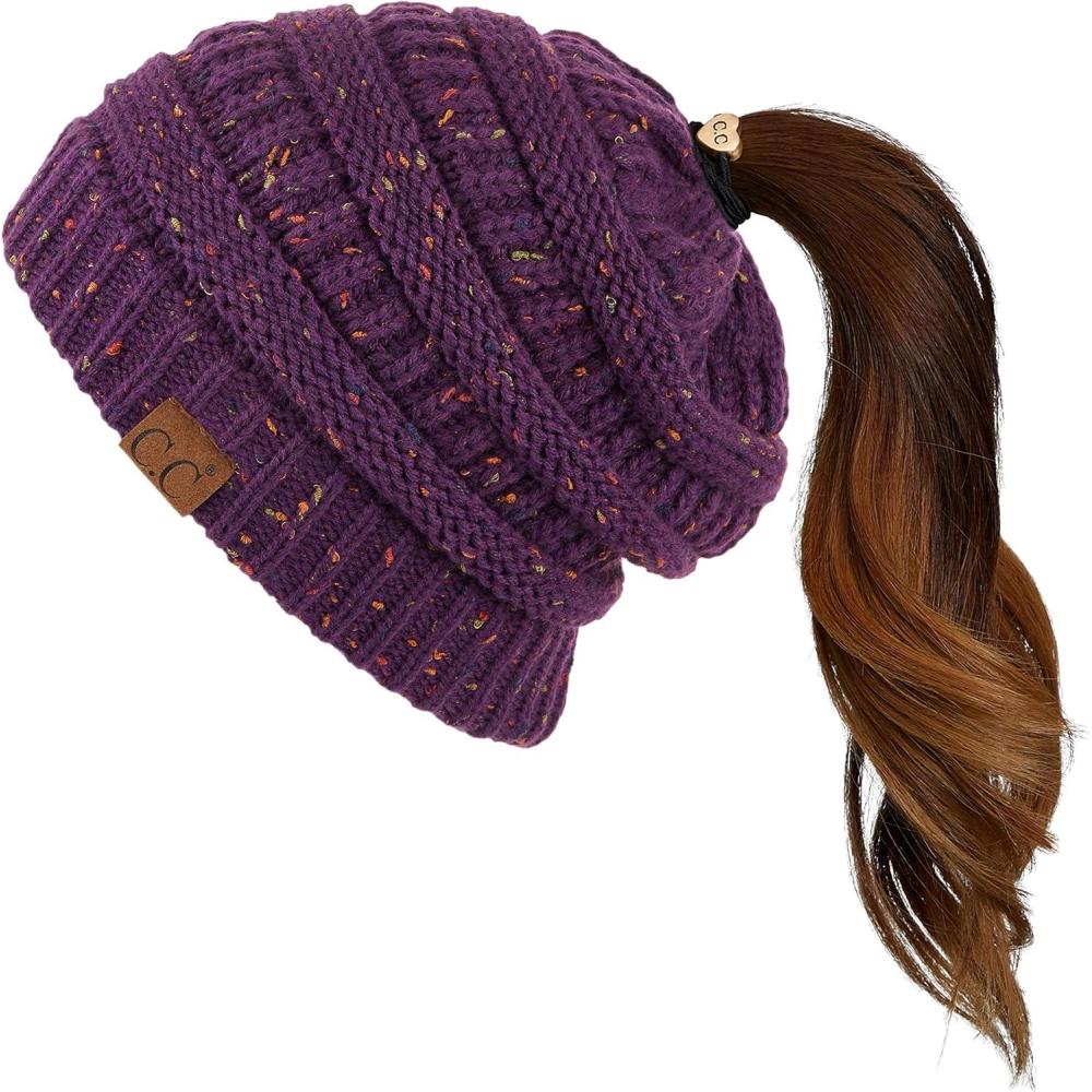 imageCC Ribbed Confetti Knit Beanie Tail Hat for Adult MB33Purple