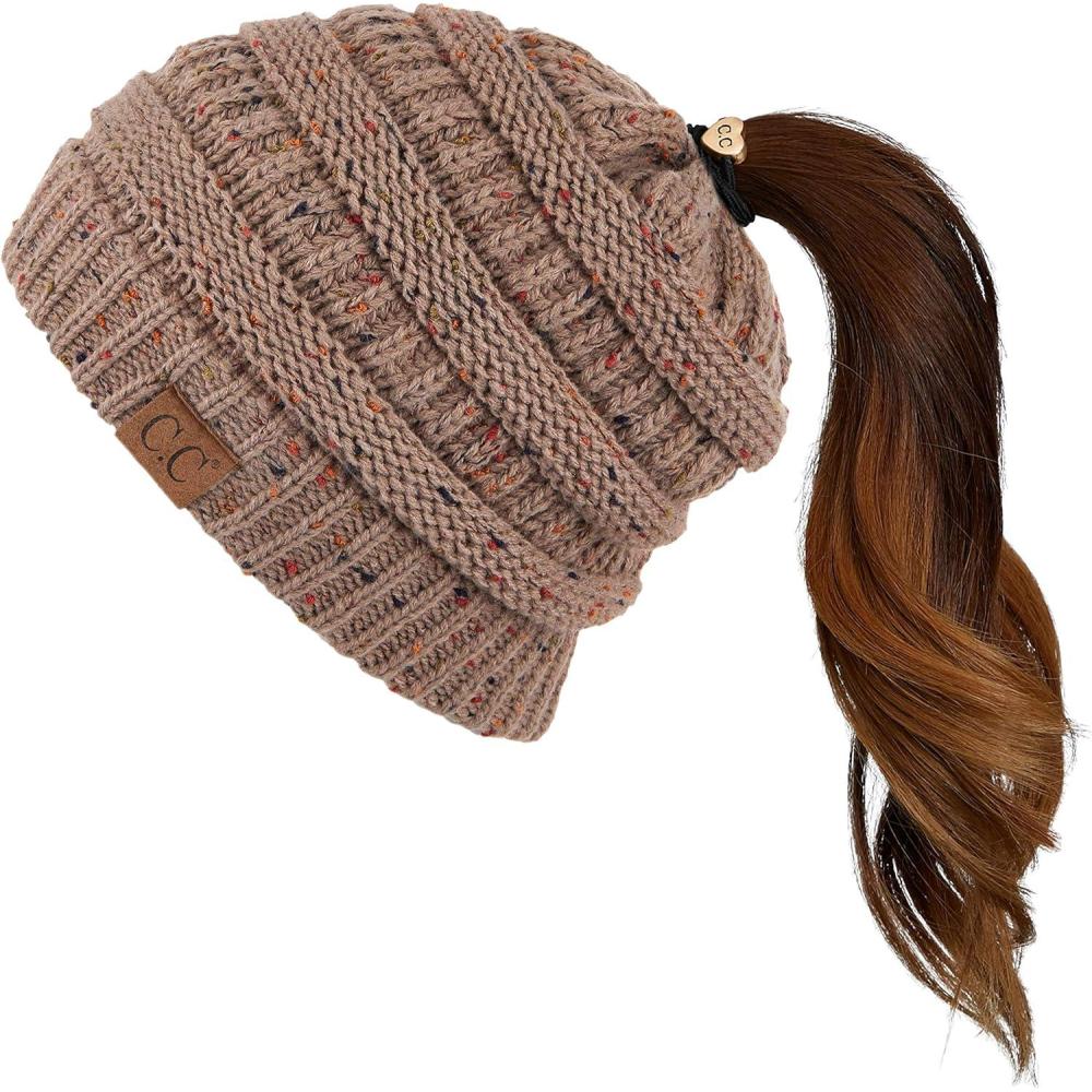 imageCC Ribbed Confetti Knit Beanie Tail Hat for Adult MB33Taupe