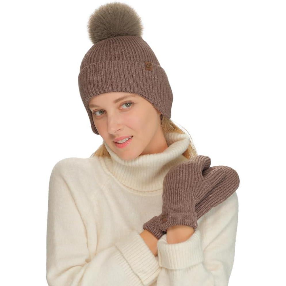 imageCC Sequin Pom Beanie for Women  Acrylic Stretchable Soft Warm Knit Winter Skully Hat with Yarn PomEarflapmocha
