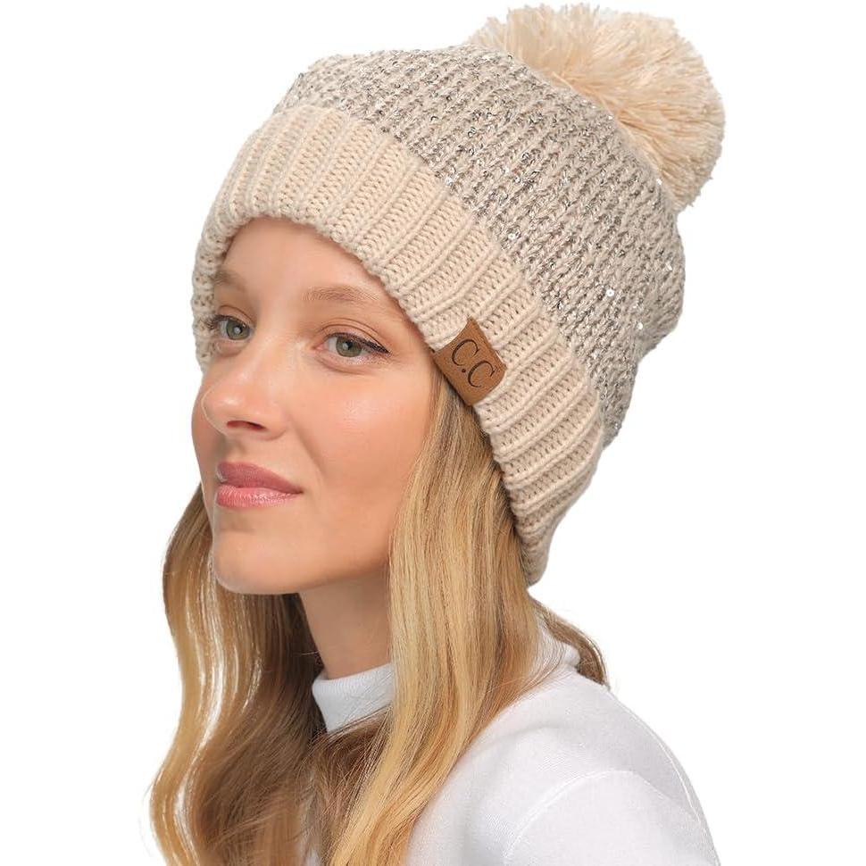 imageCC Sequin Pom Beanie for Women  Acrylic Stretchable Soft Warm Knit Winter Skully Hat with Yarn PomSequinbeige  Silver